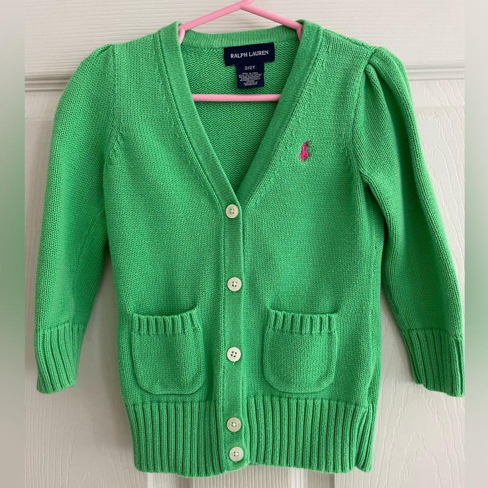 Ralph Lauren Girls Green Cardigan with Pink Pony